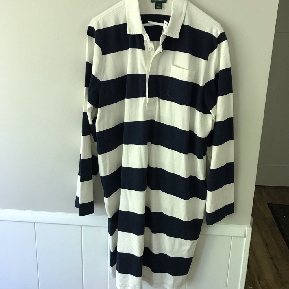 J. Crew Navy and White Striped Long sleeve rugby polo dress.